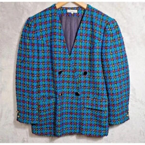 Vintage Retro Multicolor Tweed Blazer Double Breasted with cute buttons. Size L